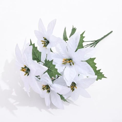 Filteilect Künstliche Weihnachtssterne mit 7 Köpfen, Blumensträuße mit grünen Blättern für Weihnachtsbaumkranz, 35 cm hoch (weiß) von Filteilect
