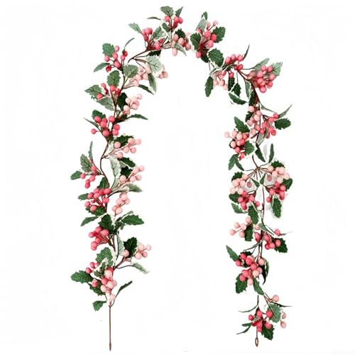 Filteilect Künstliche rosa Beeren-Girlande, zum Aufhängen, für Weihnachtsfeier-Dekoration, Heimdekoration, mit grünen Blättern, 200 cm, (E) von Filteilect