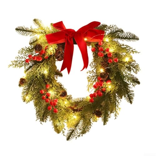 Filteilect Künstlicher 45 cm Weihnachtskranz – große rote Schleife und Beere, hängende Dekoration für Haustür, Innen- und Außenbereich, saisonale Urlaubsdekoration (Kranz mit Lampe) von Filteilect