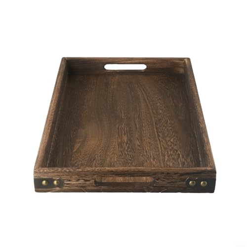 Filteilect Rechteckiges Serviertablett aus Naturholz mit geschnitzten Griffen, Metall-Eckenschutz für Zuhause, Küche, Esszimmer, Tischdekoration (M 36 x 23,5 x 4 cm) von Filteilect