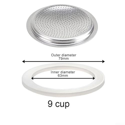 Filteilect Silikon-Gummidichtung und Sieb, Ersatz-Set, für Herdplatten mit 1–12 Tassen, für Mokka-Espresso-Töpfe, verschiedene Größen (9 Tassen + Sieb) von Filteilect
