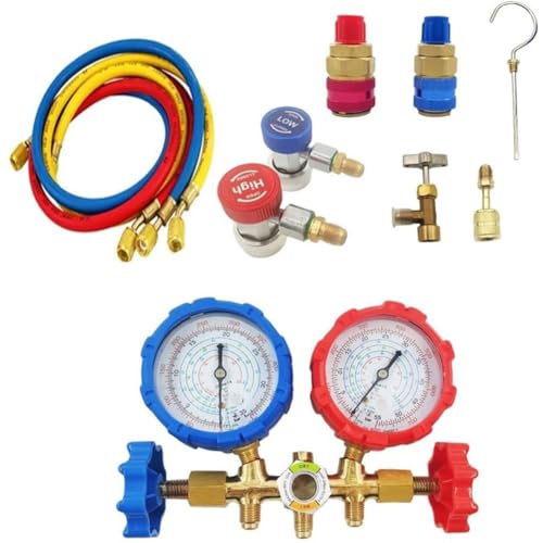 Manifold Gauge Kit Klimaanlage Werkzeug für R410A R32 R404A R134A mit 3 Schläuchen, Haken, Messingkonstruktion, 500PSI Arbeitsdruck (A) von Filteilect