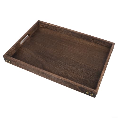 Rechteckiges Serviertablett aus Holz, handgefertigt, mit Metall-Eckenschutz, dekorative rechteckige Platte mit ausgeschnittenen Griffen für Frühstück (L 40 x 28 x 4 cm) von Filteilect