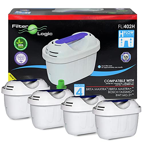 FilterLogic FL402H | 4er Pack - Wasserfilter kompatibel mit Brita Maxtra+ Plus Filterkartuschen für Marella Style Flow Aluna Elemaris XL cool Tischwasserfilter & TASSIMO Kaffeeautomat Kartuschen von Filterlogic