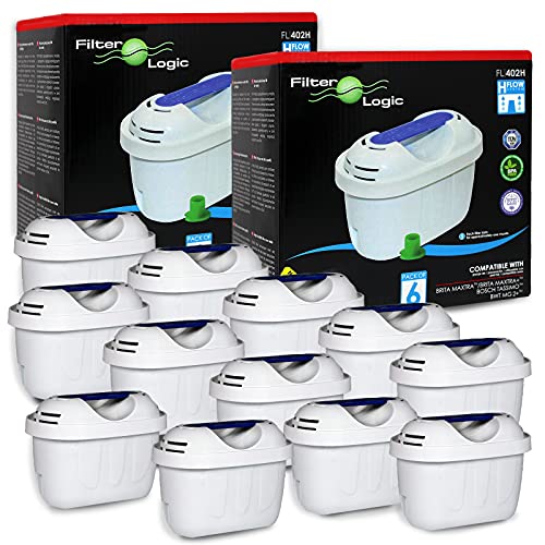 FilterLogic FL402H | 12er Pack - Wasserfilter kompatibel mit Brita Maxtra+ Plus Filterkartuschen für Marella Style Flow Aluna Elemaris XL cool Tischwasserfilter & TASSIMO Kaffeeautomat Kartuschen von Filterlogic