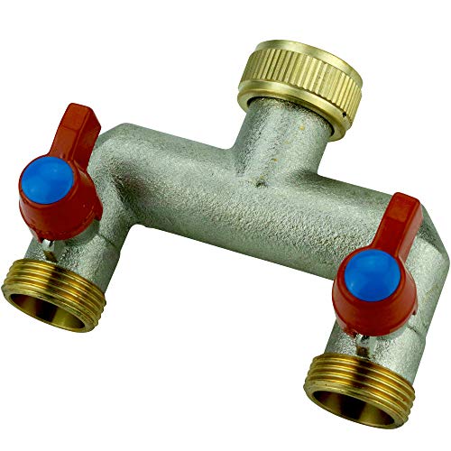 Verteiler 2-Wege 3/4" zum Anschluss 2 Geräten Gartenschlauch Wasserhahn aus Messing U-Verteilerstück mit Absperrhähnen von KREFT