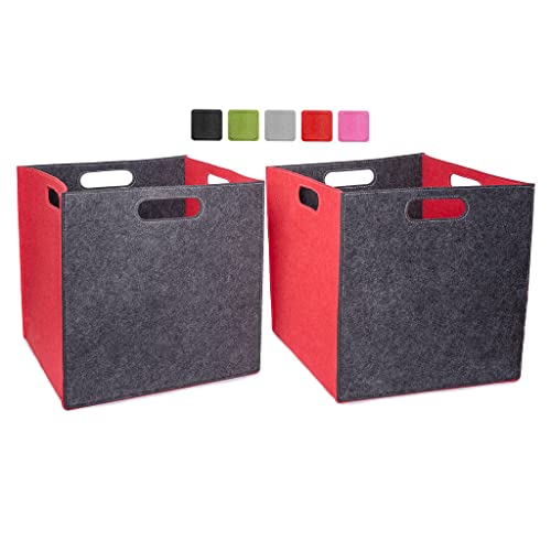 Kallax Box, Aufbewahrungsbox 33x33x33, Filzbox aufbewahrung, 2er Filzkörbe Set, Regalkorb Korb Box, mit 4 Griffen in 4 tollen Farbkombinationen, kallax box regal, rot und dunkelgrau von FilzGut