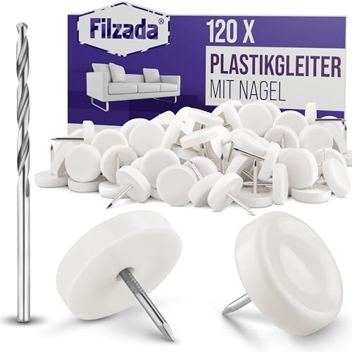 Filzada® 120x Möbelgleiter Kunststoff D20mm - Gleiter für Gartenstühle mit Nagel - Kunststoffgleiter Set - Möbelgleiter Außenbereich - Stuhlbeingleiter - Stuhlgleiter Kunststoff - Gleiter für Stühle von Filzada