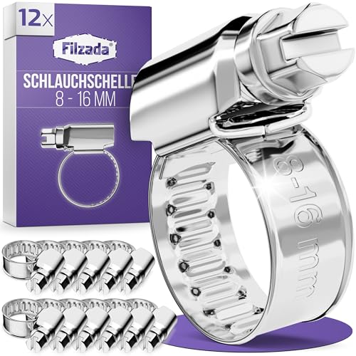 Filzada® 12x Schlauchschellen Edelstahl 8-16 mm - Schlauchklemme - rostfreie Schraubschelle - Schlauchschelle für Pool, Waschmaschine uvm - Schlauchklemmen Set - Schellen Set von Filzada