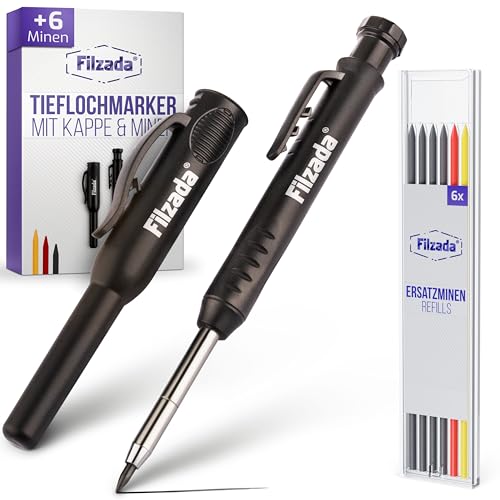 Filzada® 1x Tieflochmarker mit 6 Extraminen - in 3 Farben- Zimmermannsbleistifte mit Köcher/Kappe - Bohrlochmarker - Bleistift Baustelle - Markierstift - Tieflochmarker Bleistift - Markierstifte von Filzada