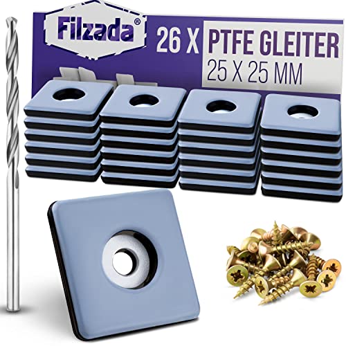 Filzada® 26x Teflongleiter zum Schrauben - 25 x 25 mm (eckig) - Möbelgleiter/Teppichgleiter PTFE (Teflon) inkl. Schrauben von Filzada