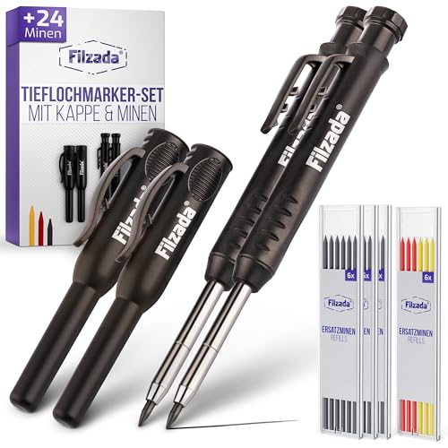 Filzada® 2x Tieflochmarker mit 24 Extraminen - in 3 Farben- Zimmermannsbleistifte mit Köcher/Kappe - Bohrlochmarker - Bleistift Baustelle - Markierstift - Tieflochmarker Bleistift - Markierstifte von Filzada