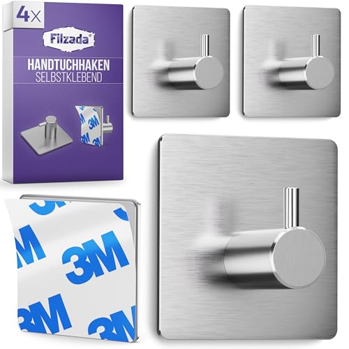 Filzada® 4x Handtuchhaken Ohne Bohren - Edelstahl [3M Kleber Wasserfest] - Haken Ohne Bohren - Badaccessoires - Klebehaken Badezimmer/Handtuchhaken Selbstklebend/Handtuchhalter Ohne Bohren von Filzada