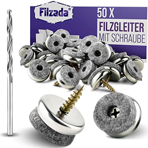 Filzada® 50x Filzgleiter Schrauben - Ø 22 mm - Profi Stuhlgleiter/Stuhlbeinschoner Filz mit Schraube - Inkl. Bohrer - 5,5 mm Filzstärke von Filzada