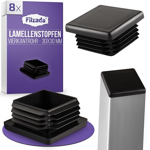 Filzada® 8X Lamellenstopfen Eckig für Vierkantrohre 30x30mm - Rohrabdeckung aus Kunststoff - Stuhlbein Stopfen - wasserfeste Endkappen - Kunststoffkappen für Rohre - Rohrendkappen in Schwarz von Filzada