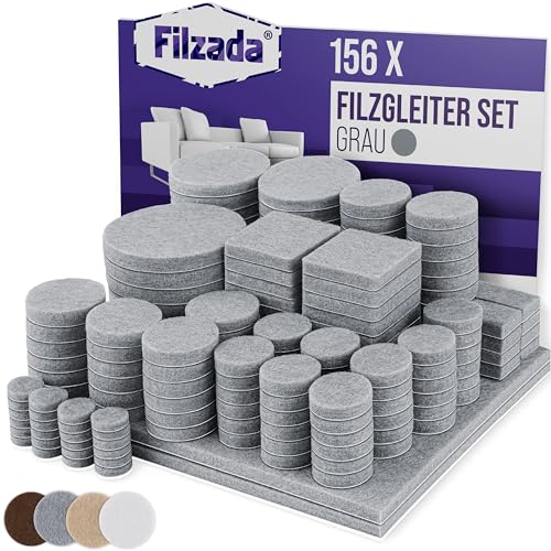 Filzada® Filzgleiter Selbstklebend Set 156 Stück (Eckig und Rund) - Grau - Profi Möbelgleiter Filz Mit Idealer Klebkraft von Filzada