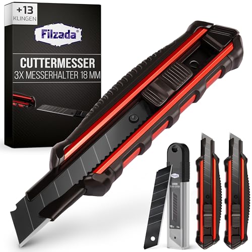 Filzada ® 3x Cuttermesser Profi inkl. 13x Carbonstahl Klingen BLACK - Cuttermesser 18mm - Robustes Teppichmesser Profi - Cutter Messer Set - Cuttermesser/Kattermesser Metall ULTRASCHARF von Filzada