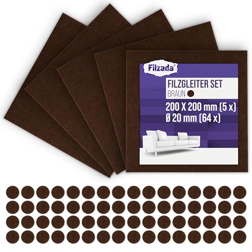 Filzada® Filzgleiter Platten Selbstklebend Set (5x 200x200 mm + 64 Ø 20 mm) - Braun - Profi Möbelgleiter Filz Mit Idealer Klebkraft von Filzada