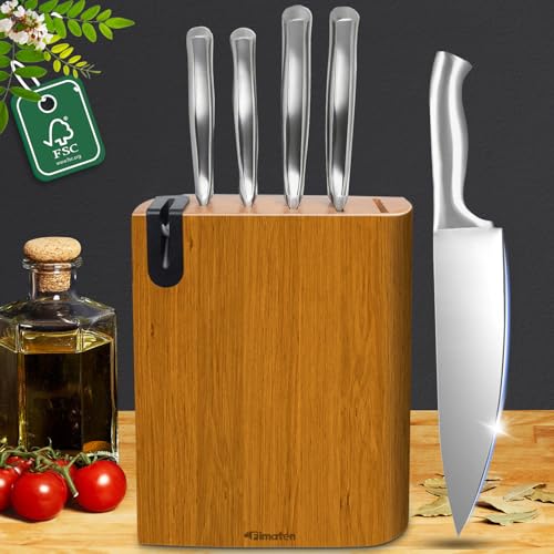 Fimaten Messerblock mit Messer, 6-Teilig Küchenmesser Set, Messerblock mit Schärfer, Kochmesser Set mit Santokumesser, Kochmesser, Brotmesser, Obstmesser, Allzweckmesser, Messerset mit block aus Holz von Fimaten