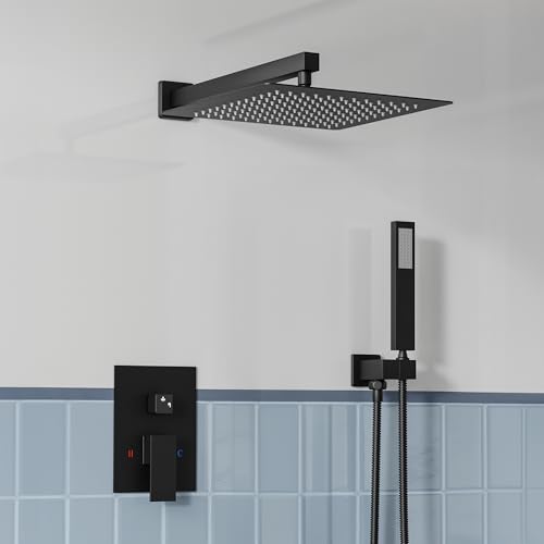 Matte Black Thermostatic Shower Set,Adjustable Height Shower Mixer Set for Bathroom,Thermostatic Shower bar Set with Square Rainfall Shower von Findepot