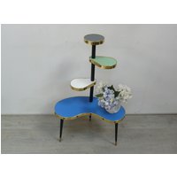 50Er 60Er Blumenständer Blumentisch Etagere 4 Nierentisch Ebenen, Vinyl Oberflächen, Blau Weiß Grün Grau Mid Century Modern von FindingsFromOldTimes