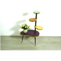 50Er 60Er Blumenständer Nierenform Etagere 4 Ebenen, Brombeere Gelb Braun Grün, Rockabilly Mid Century Modern von FindingsFromOldTimes