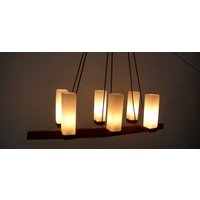 Mid Century Teak Hängelampe 6-Flammig Schaukel + Weiße Eckige Rillenglas Röhren, 50Er 60Er von FindingsFromOldTimes