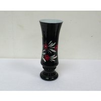 Schwarze Murano Glass Vase, Florales Muster in Rot + Weiß, 60Er, Made Italy von FindingsFromOldTimes