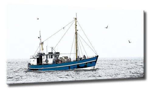 Bild auf Leinwand Fischkutter Größe: 70cm x 125cm | Ostsee Fischerboot Pop Art Kunst Gemälde | Ausführung: Pop Art | Farbe: blau | Rubrik: Grafiken + Bilder von Fine-Art-Manufaktur