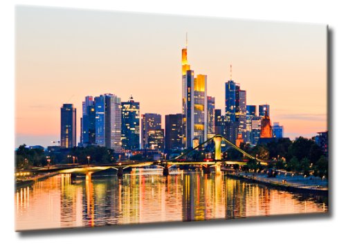 Leinwanddruck Skyline Frankfurt I Größe: 60 x 90 cm | Frankfurt Skyline Sonnenuntergang Flößer Brücke Mainhattan Bilder | | Farbe: orange | Rubrik: Frankfurt + Städte von Fine-Art-Manufaktur