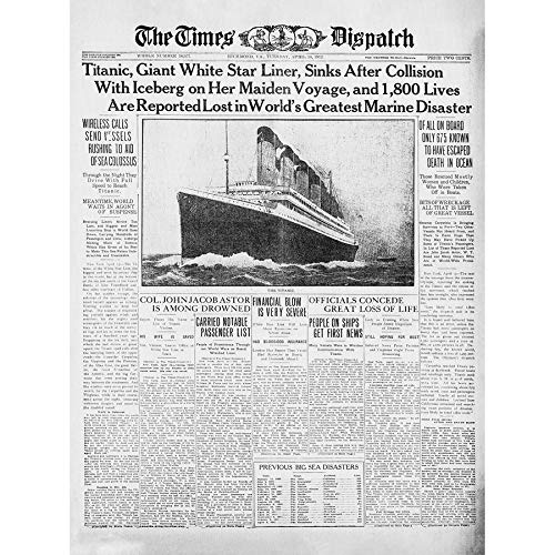 Zeitungsvorderblatt Seite Titanic Disaster 1912 Times Versand ungerahmt Wand Kunstdruck Poster Home Decor Premium von Fine Art Prints