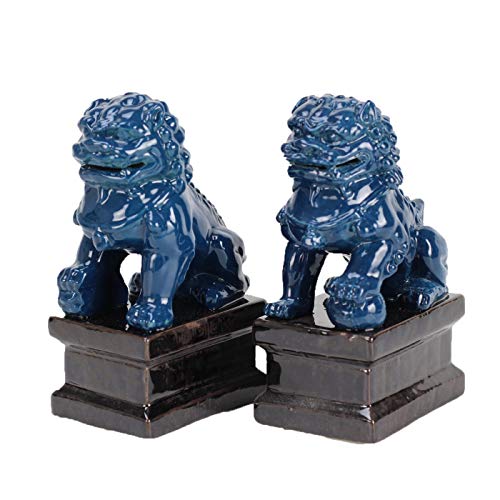 Fine Asianliving Chinesische Fu Hunde Tempelwächter Löwen Marineblau Set/2 Porzellan Handgefertigt B9xT9xH16cm von Fine Asianliving