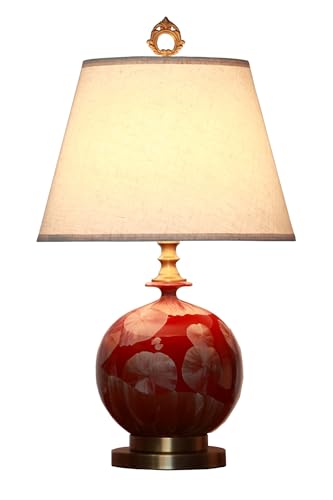 Fine Asianliving Chinesische Tischlampe Porzellan mit Schirm Rot Gold Ginkgo-Blätter Handgefertigt D21xH60cm mit Lampenschirm E27 China Orientalische Tischleuchte Keramik Nachttischlampen von Fine Asianliving