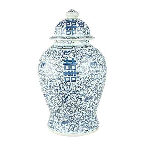 Fine Asianliving Chinesische Vase mit Deckel Blau Weiß Porzellan Handbemalt Doppeltes Glück D31xH52cm China Dekorative Vase Blumenvase Orientalische Keramik Vase von Fine Asianliving