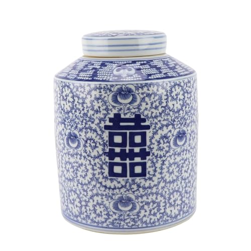 Fine Asianliving Chinesischer Vase mit Deckel Porzellan Blau Weiß Doppeltes Glück Handgemalt D23xH30cm China Dekorative Vase Blumenvase Orientalische Keramik Vase von Fine Asianliving