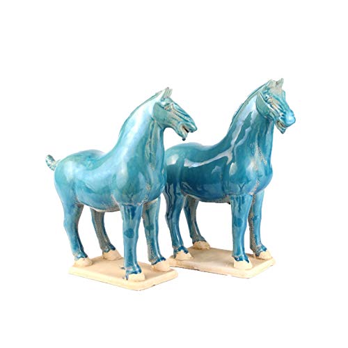 Fine Asianliving Chinesisches Pferd Tang-Dynastie Terrakotta-Keramik Handgemachtes Blaues Set/2 B8xT14xH26cm von Fine Asianliving