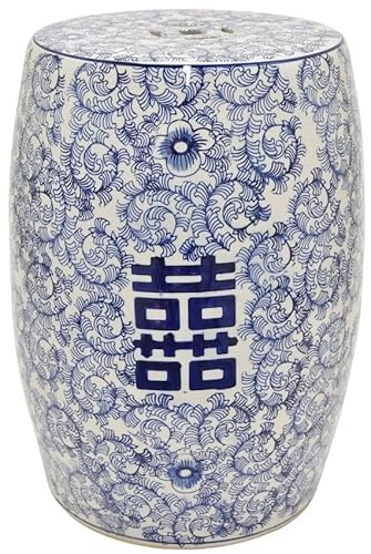 Fine Asianliving Keramik Hocker Blau Weiß Handbemalt Doppeltes Glück D33xH45cm China Keramik Gartenhocker Porzellan Glasierte Keramik Stool Chinesische Hocker Drum Garden Stool von Fine Asianliving