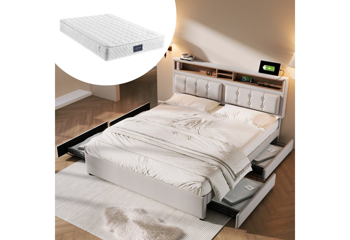 Fine Life Pro Bett Polsterbett mit 4-Schubladen-Doppelbett, USB-C Anschluss, einstellbarer Höhe des Kopfteils, Holzlattenrost von Fine Life Pro