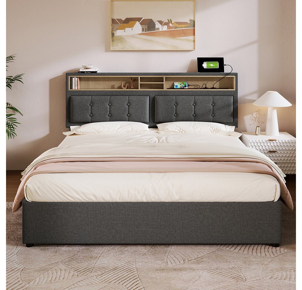 Fine Life Pro Bett Polsterbett mit 4-Schubladen-Doppelbett, USB-C Anschluss, einstellbarer Höhe des Kopfteils, Holzlattenrost von Fine Life Pro