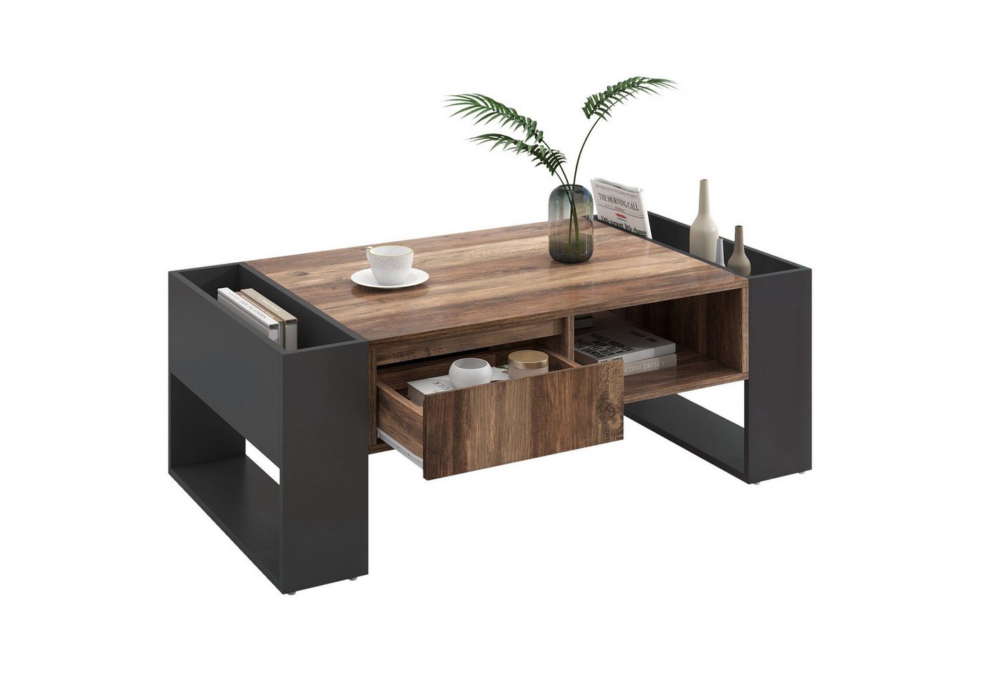 Fine Life Pro Couchtisch aus Holzmaserung, mit Eine grifflose Schublade, (Staufach und Heckstaufach,doppelseitiger Stauraum. Mit Staufächern), Wohnzimmer-Sofatisch, großer Stauraum. Anthrazit. von Fine Life Pro