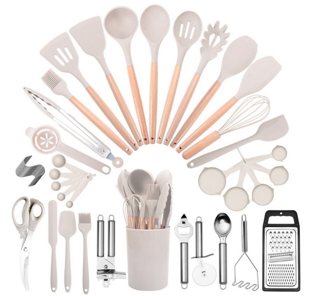 Fine Life Pro Kochbesteck-Set 44-teiliges Silikon-Küchenwerkzeug-Set mit Halter, (Kochgeschirre,Küchenwerkzeuge mit schwarzem Holzgriff), hitzebeständige Küchenwerkzeuge-Set, geeignet für nicht klebenhafte von Fine Life Pro