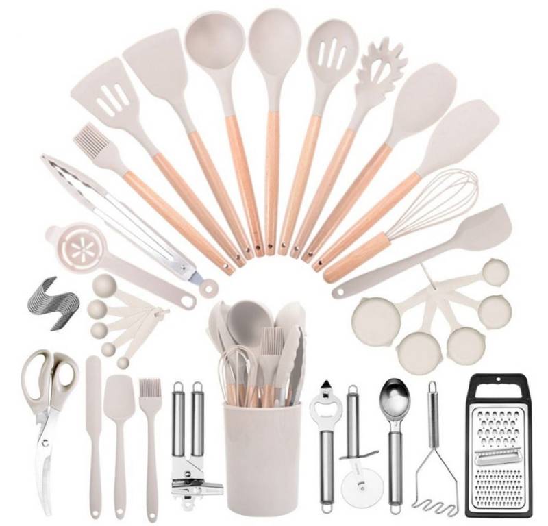 Fine Life Pro Kochbesteck-Set 44-teiliges Silikon-Küchenwerkzeug-Set mit Halter, (Kochgeschirre,Küchenwerkzeuge mit schwarzem Holzgriff), hitzebeständige Küchenwerkzeuge-Set, geeignet für nicht klebenhafte von Fine Life Pro