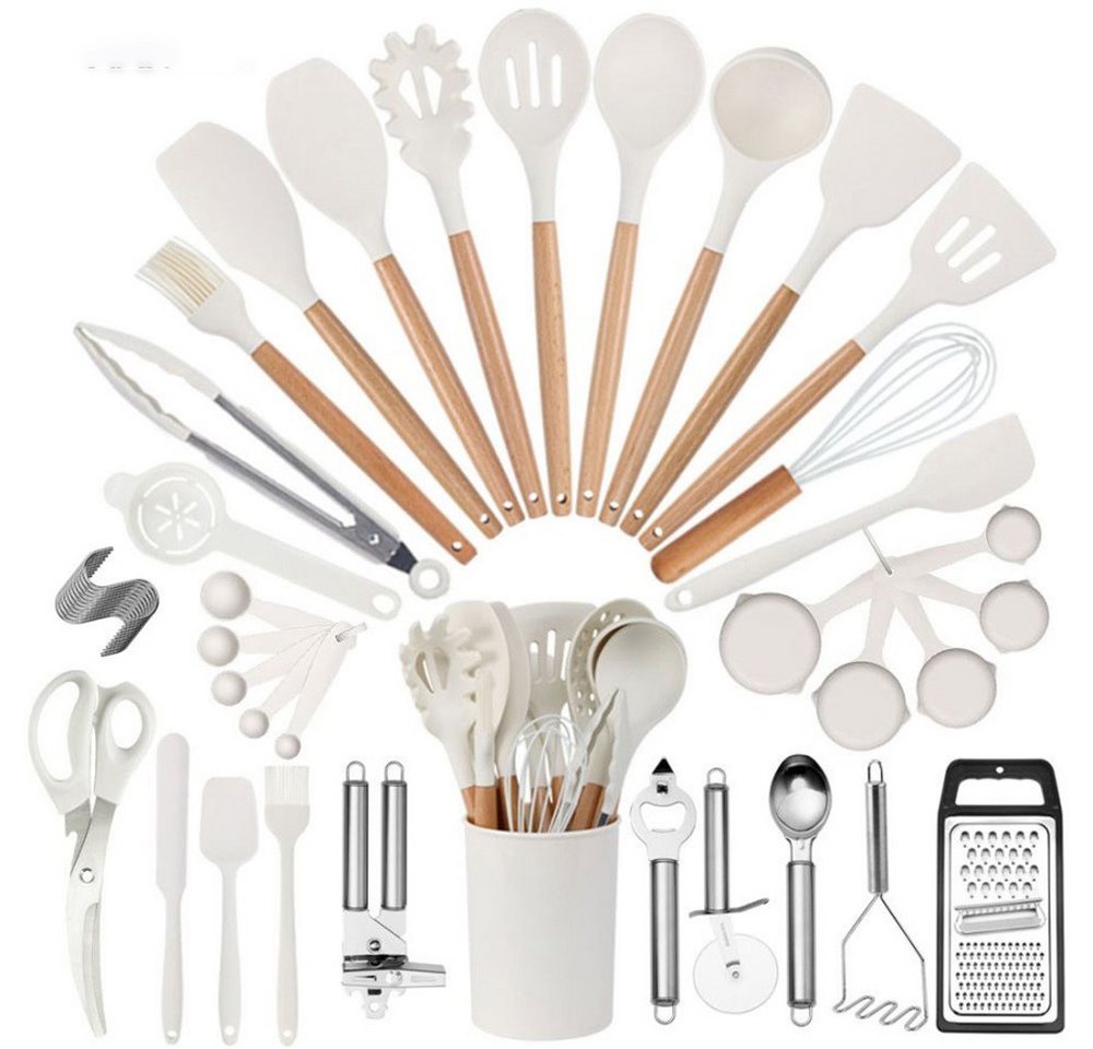 Fine Life Pro Kochbesteck-Set 44-teiliges Silikon-Küchenwerkzeug-Set mit Halter, (Kochgeschirre,Küchenwerkzeuge mit schwarzem Holzgriff), hitzebeständige Küchenwerkzeuge-Set, geeignet für nicht klebenhafte von Fine Life Pro