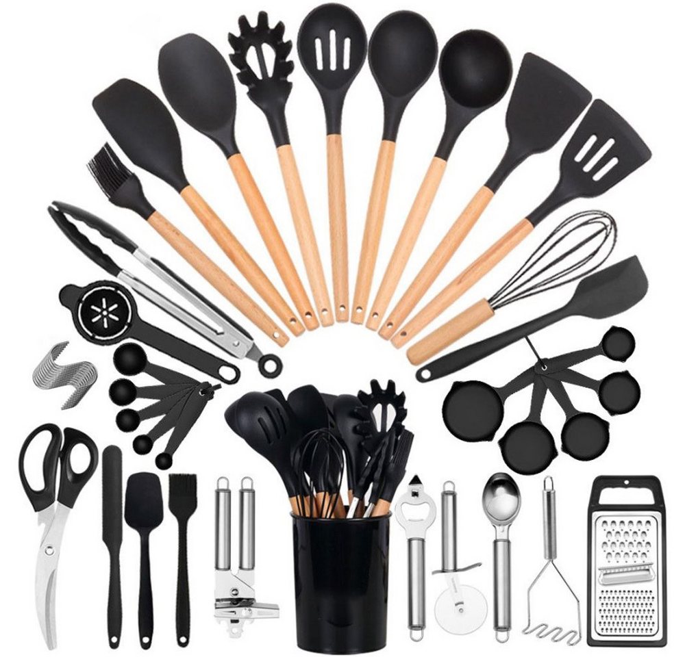 Fine Life Pro Kochbesteck-Set 44-teiliges Silikon-Küchenwerkzeug-Set mit Halter, (Kochgeschirre,Küchenwerkzeuge mit schwarzem Holzgriff), hitzebeständige Küchenwerkzeuge-Set, geeignet für nicht klebenhafte von Fine Life Pro