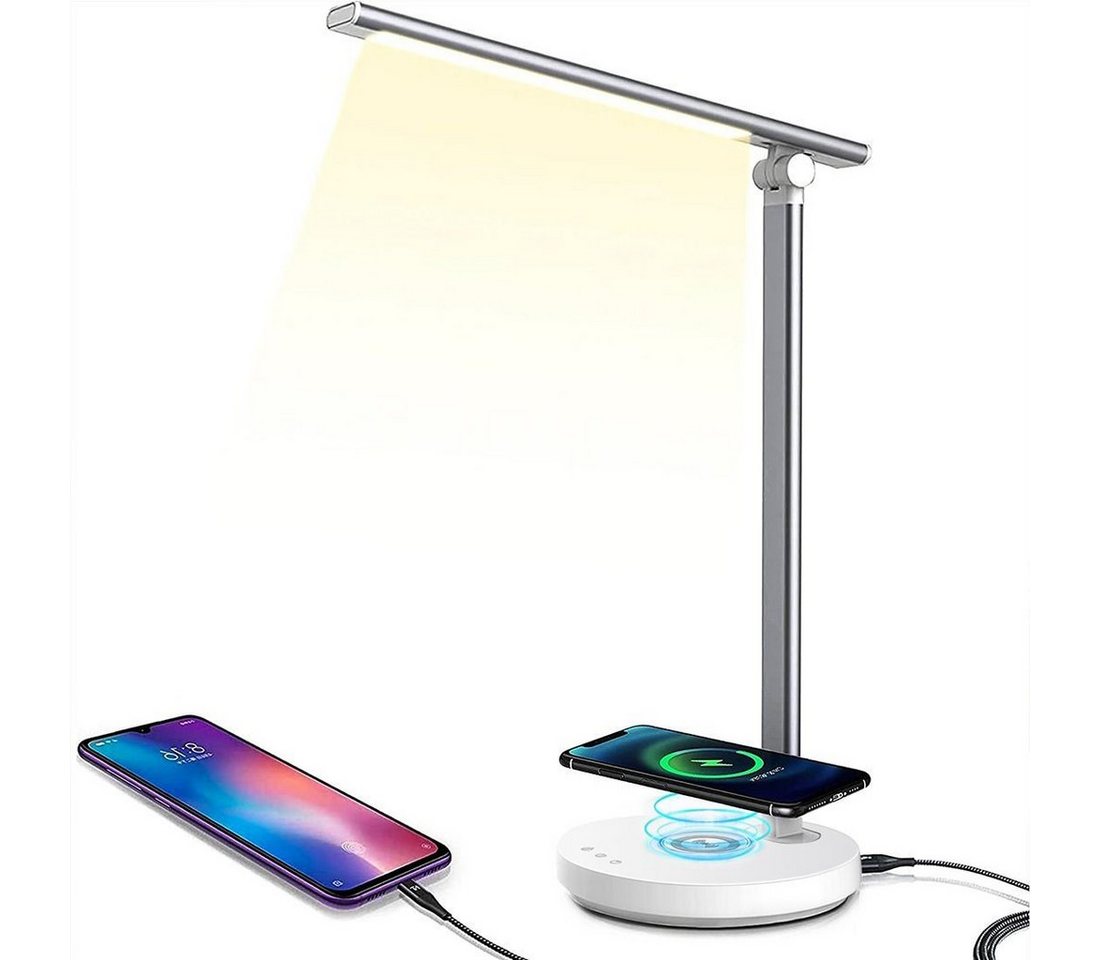 MDHAND LED Schreibtischlampe 10 W LED Desk Lamp, Dimmable Table Lamp, 5 Colours, LED fest integriert, USB-Anschluss, Kabelloses Laden, Silberfarben von MDHAND