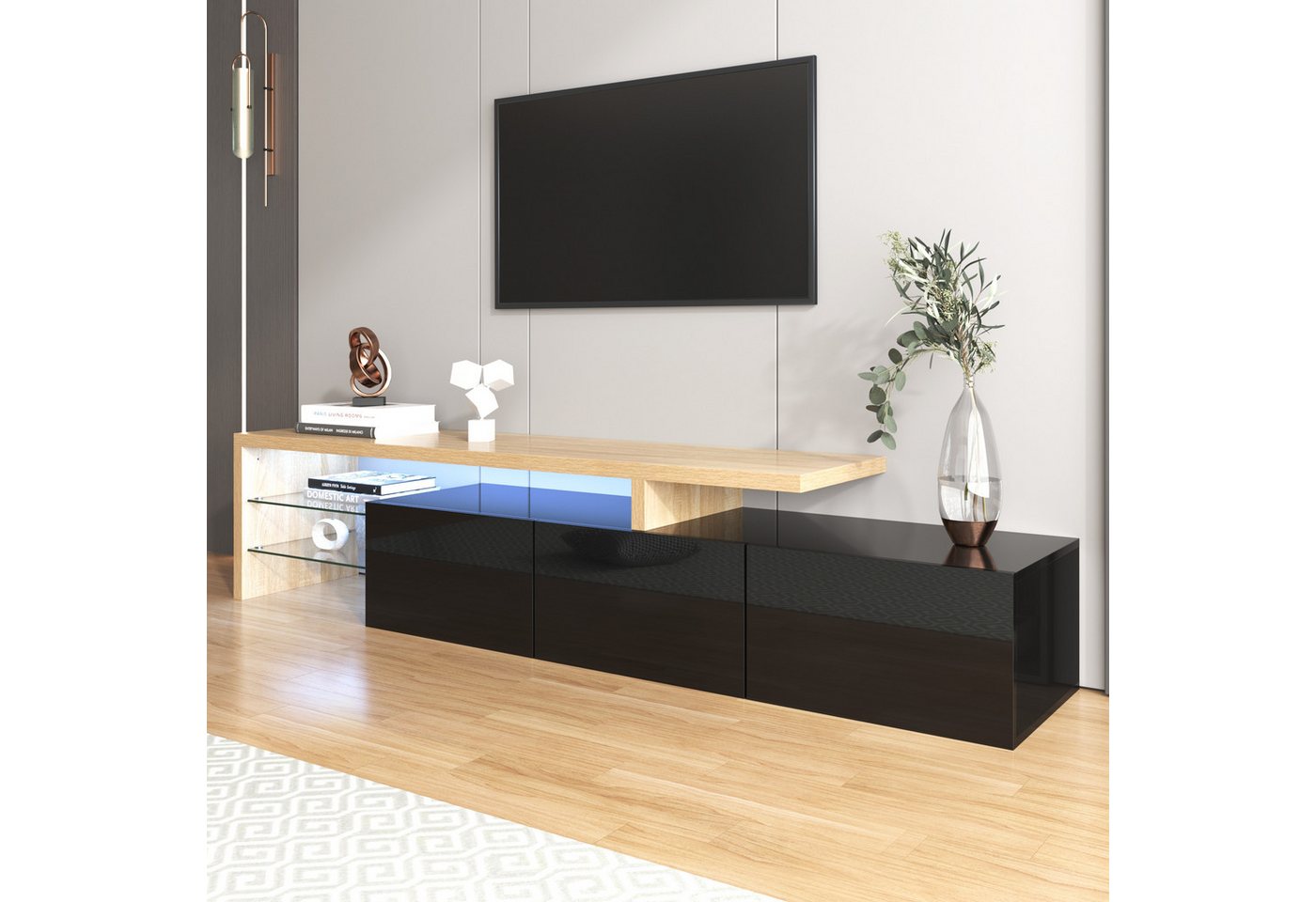 Fine Life Pro TV-Schrank Modernes TV-Schrank mit hochwertiger (Elegantes Design in Schwarz Holzfinish) Glasböden-Optik und integrierter LED-Beleuchtung – von Fine Life Pro