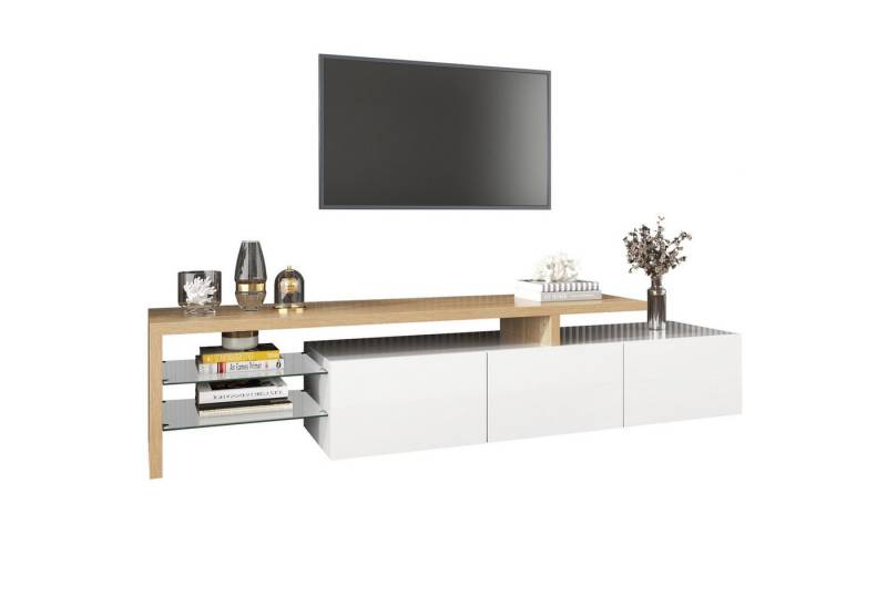 Fine Life Pro TV-Schrank Modernes TV-Schrank mit hochwertiger (Elegantes Design in weißer Holzfinish) Glasböden-Optik und integrierter LED-Beleuchtung – von Fine Life Pro