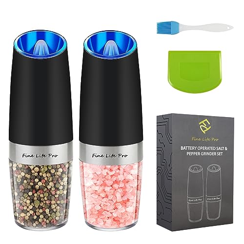 Salz und Pfeffermühle Elektrische set, Fine Life Pro Salz und Pfeffer Mühle Elektrisch Gewürzmühle, Schwerkraft Aktiviert, Einstellbarer Mahlgrad, mit Blauem LED-Licht, Schwarz, 2 Stück von Fine Life Pro