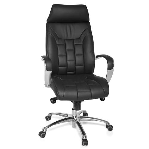 FineBuy Bürostuhl Echtleder Schwarz bis 120 kg Schreibtischstuhl höhenverstellbar Wippfunktion Chefsessel Multiblockwippmechanik Kopfstütze Armlehnen Drehstuhl hohe Rückenlehne Drehsessel X-XL von FineBuy Möbel zum Wohlfühlen