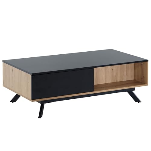 FineBuy Couchtisch 110x60x38 cm MDF Eiche-Dekor/Schwarz Wohnzimmertisch, Sofatisch Rechteckig mit Stauraum, Kaffeetisch mit Schubladen, Tisch Wohnzimmer mit Metallbeine von FineBuy Möbel zum Wohlfühlen